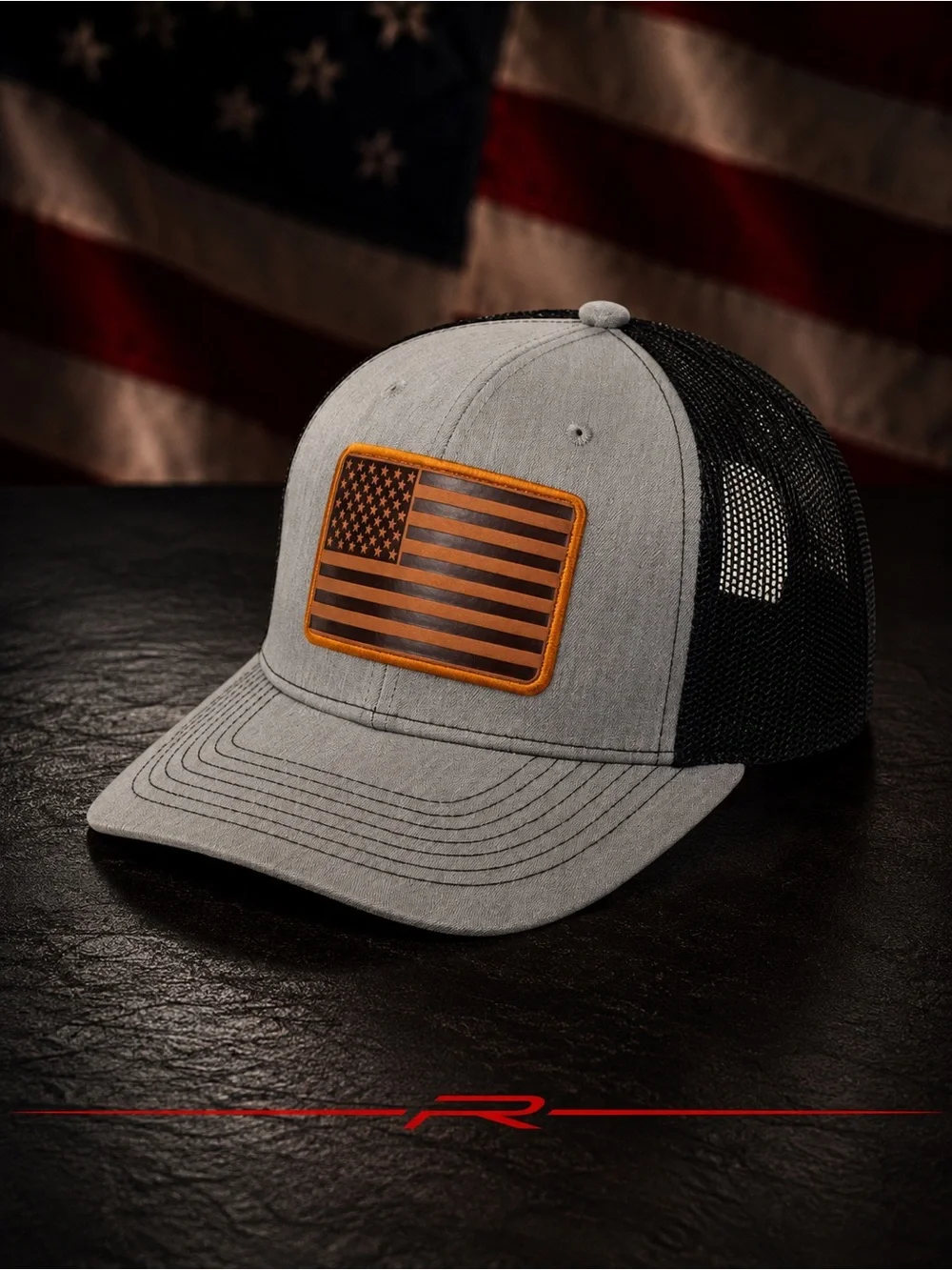 American Flag Leather Patch Grey / Black Trucker Hat – Breathable Mesh Back Cap